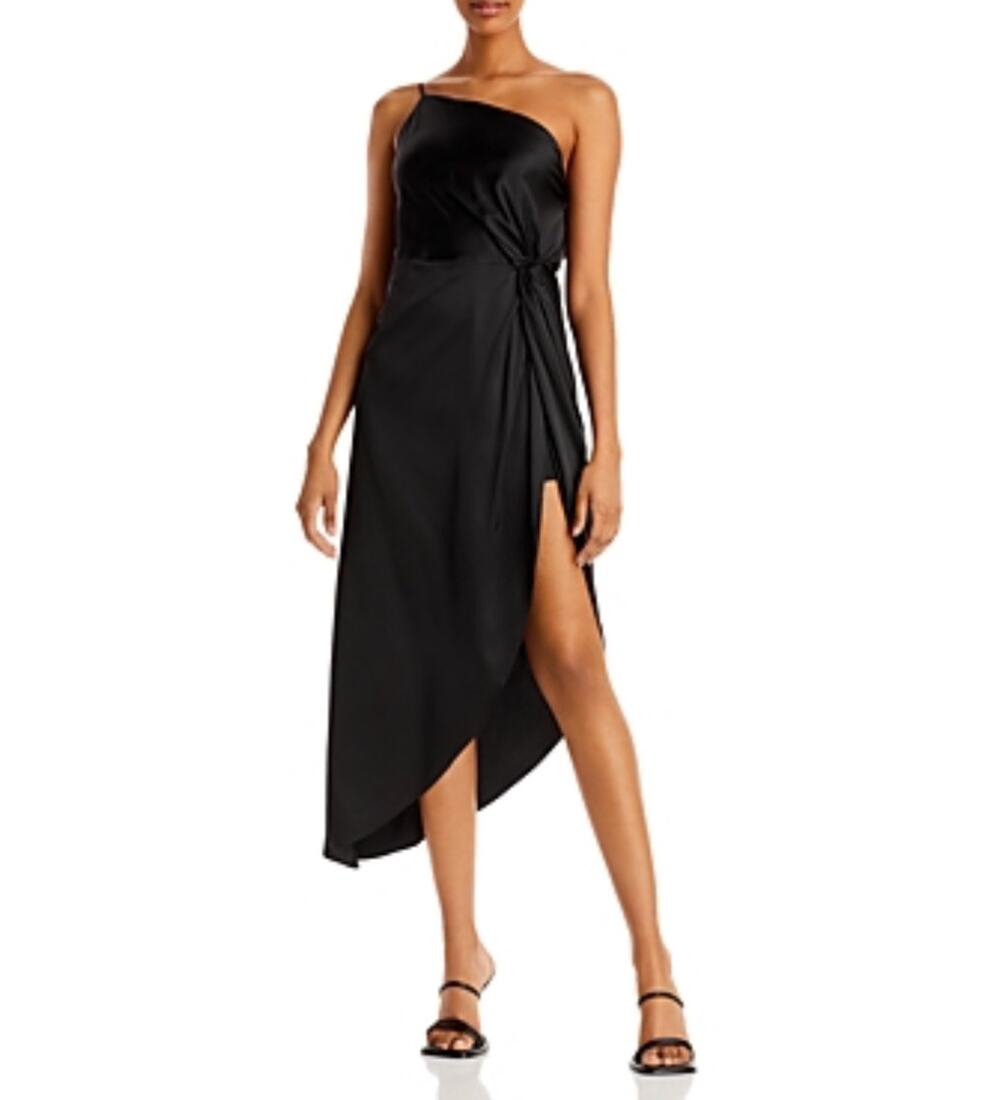 AQUA Black Cocktail Dress Satin One Shoulder High Low Midi Shift Size Small